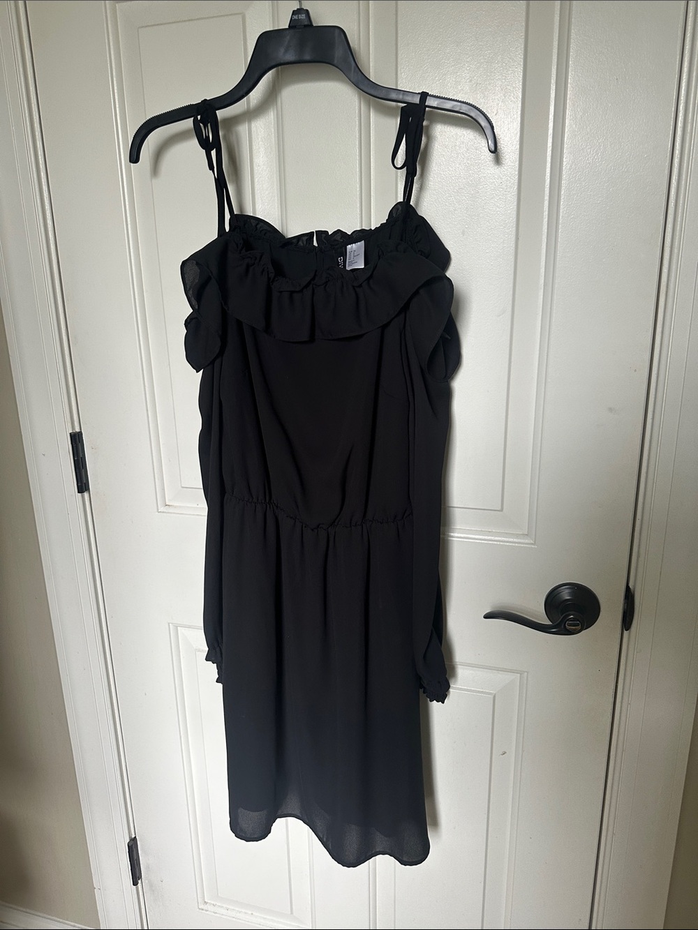 H&M Black Ruffle Off-Shoulder Mini Dress with Tie Straps